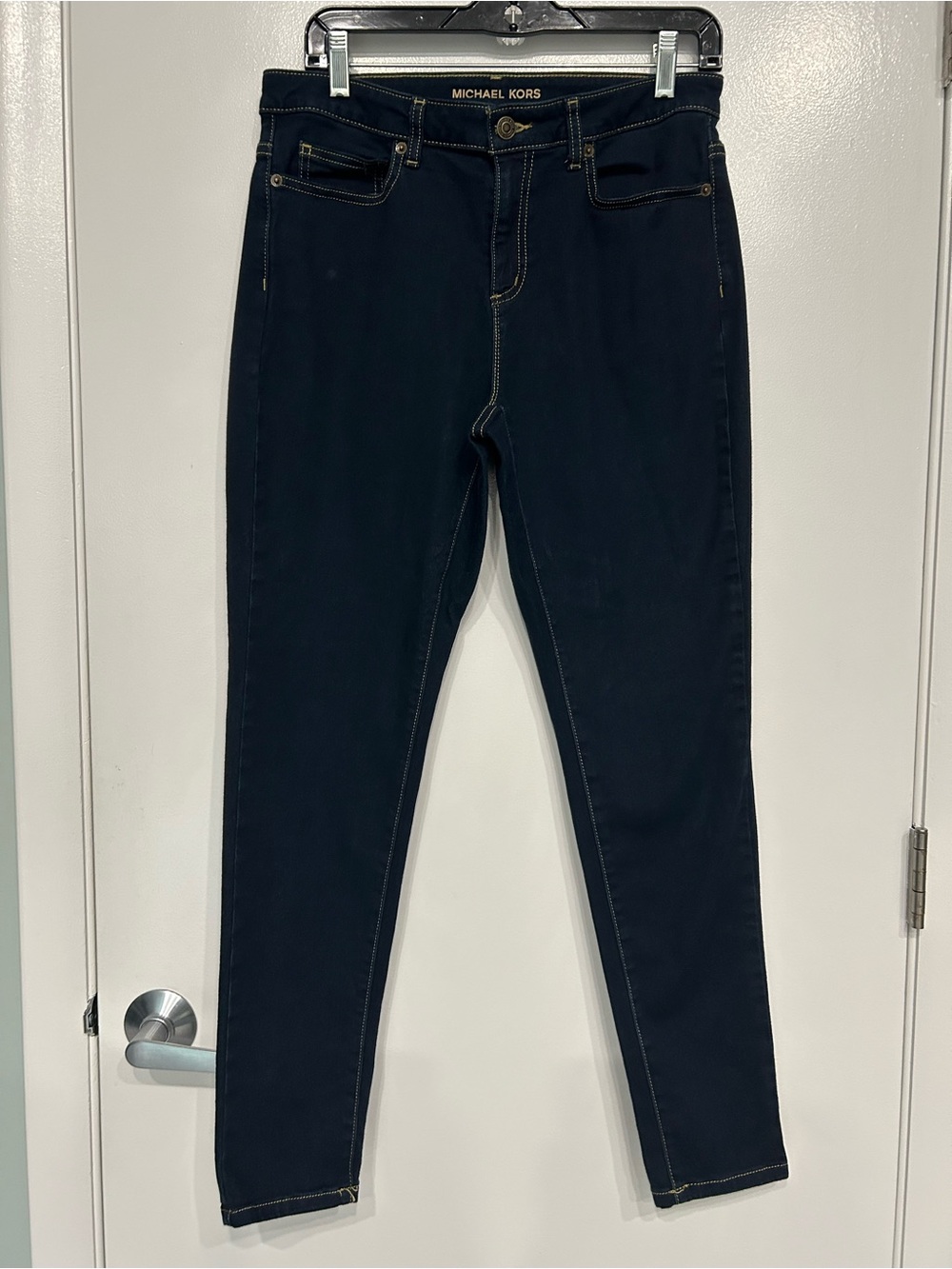 EUC Michael Kors Skinny Jeans Women 10 Dark Blue MK Logo Gold Hardware Perfect